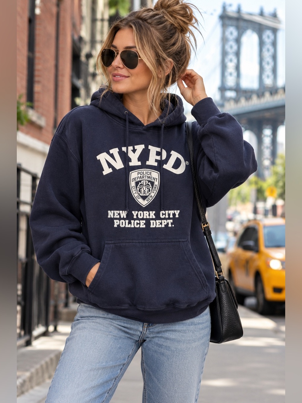 NYPD New York City Police Graphic Hooded Sweater Navy Size S Casual Streetwear